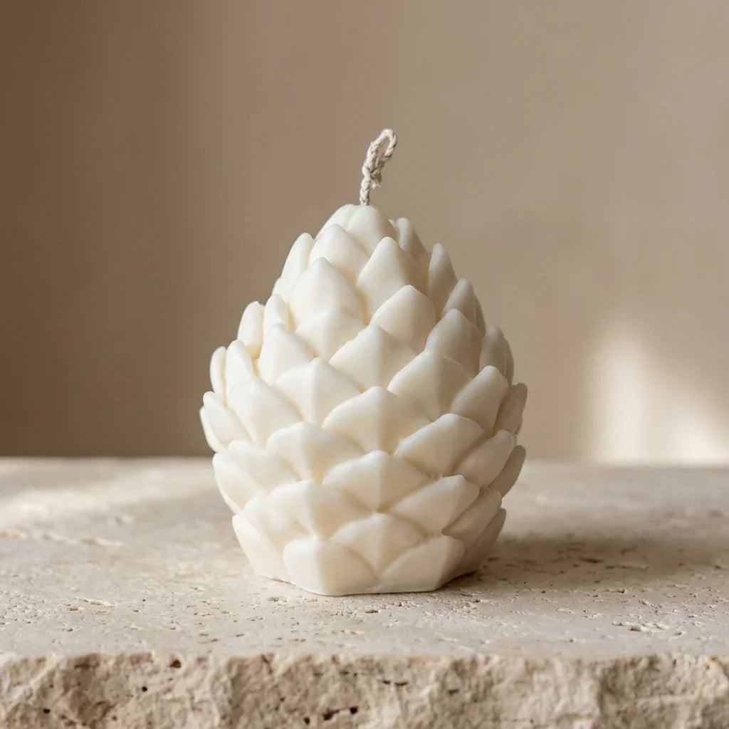Close-up of a hand-poured soy wax woodland pinecone candle, highlighting its realistic, multi-layered scaled texture.