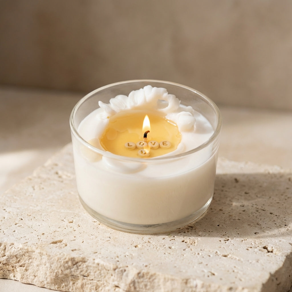 Close-up of a clear glass soy candle with delicate wax flowers on top and hidden letter beads beginning to show through the melted wax.