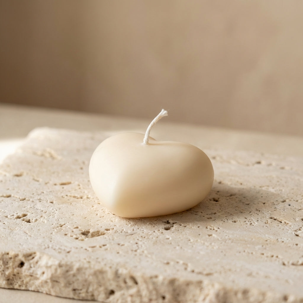 Close-up of a hand-poured soy wax smooth heart candle highlighting its flawless, softly rounded pillowy silhouette.