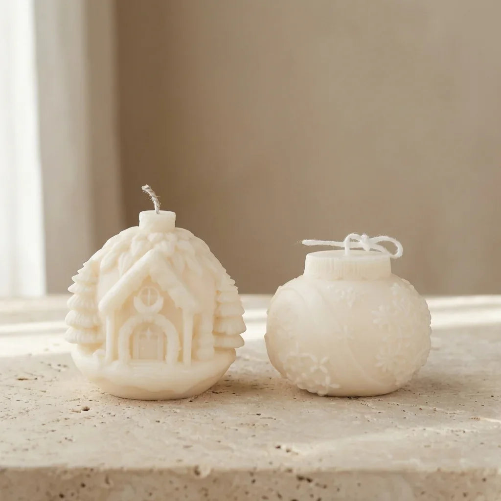 Two white textured candles on a stone surface with a neutral background