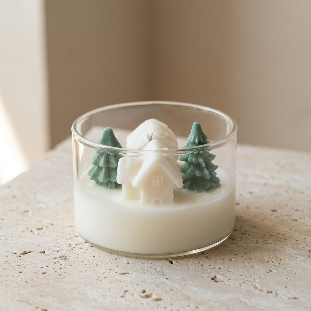 Close-up of a clear glass soy candle featuring miniature 3D wax green pine trees and a snow-covered village cabin on top of white wax.