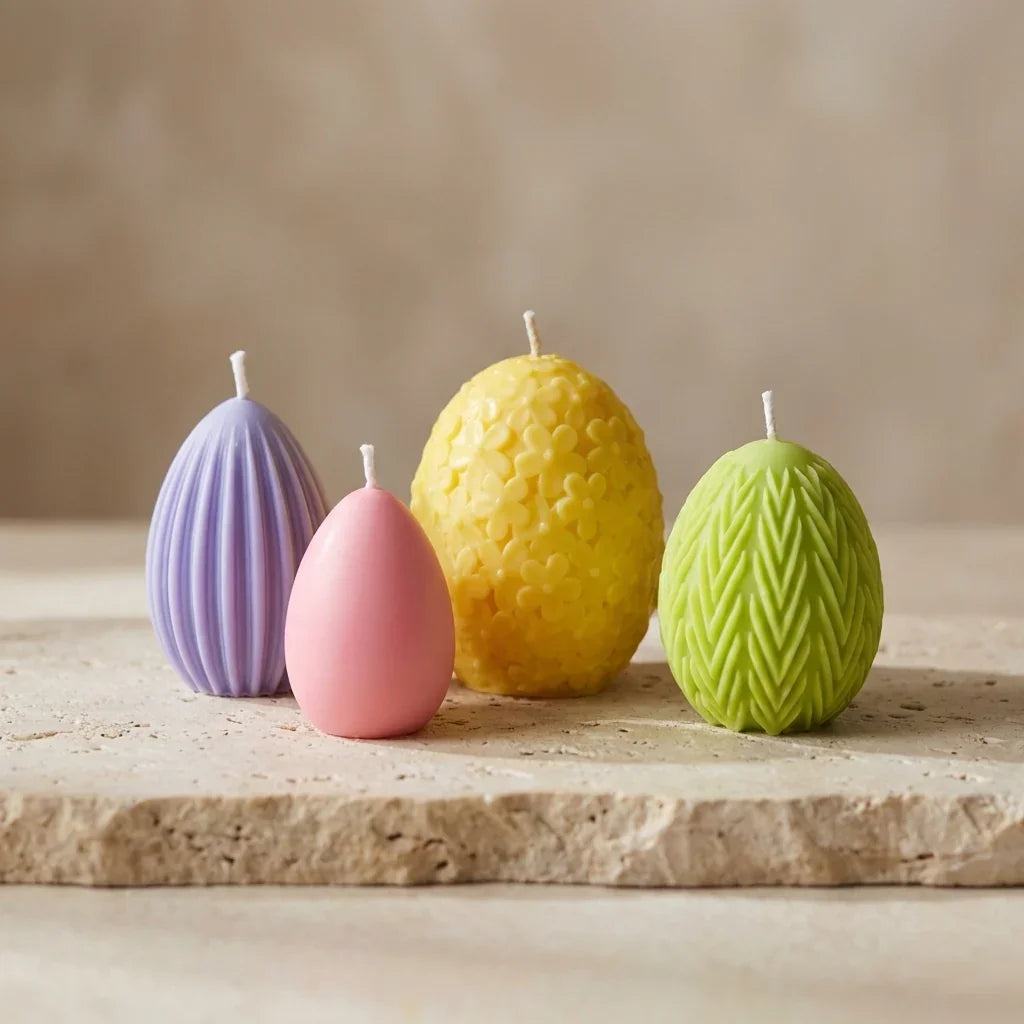 Four colorful egg-shaped candles on a stone surface with a neutral background