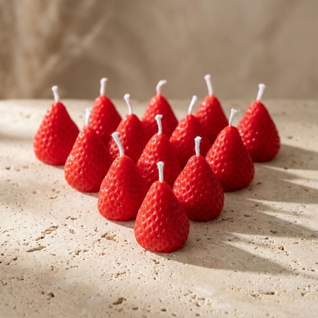 Close-up of a hand-poured soy wax strawberry cake candle highlighting its hyper-realistic red finish and delicate seed detailing.