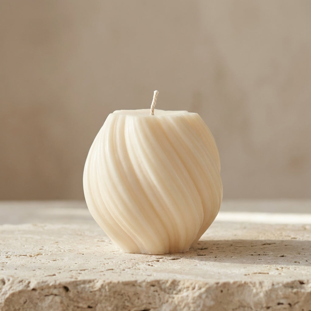 Swirl globe candle styled beautifully as a dynamic, modern geometric accent on a contemporary bookshelf.