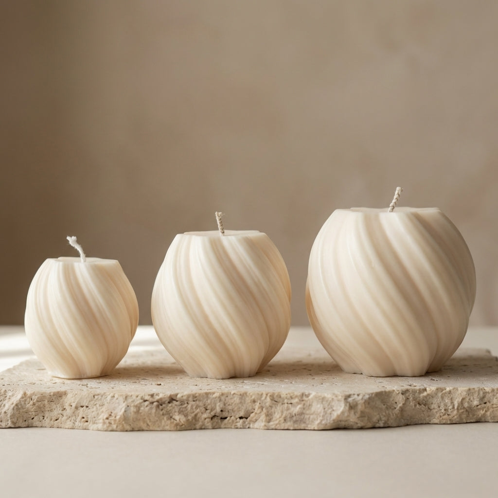 Close-up of a hand-poured soy wax swirl globe trio set highlighting their continuous ribbed lines and three varying sizes.