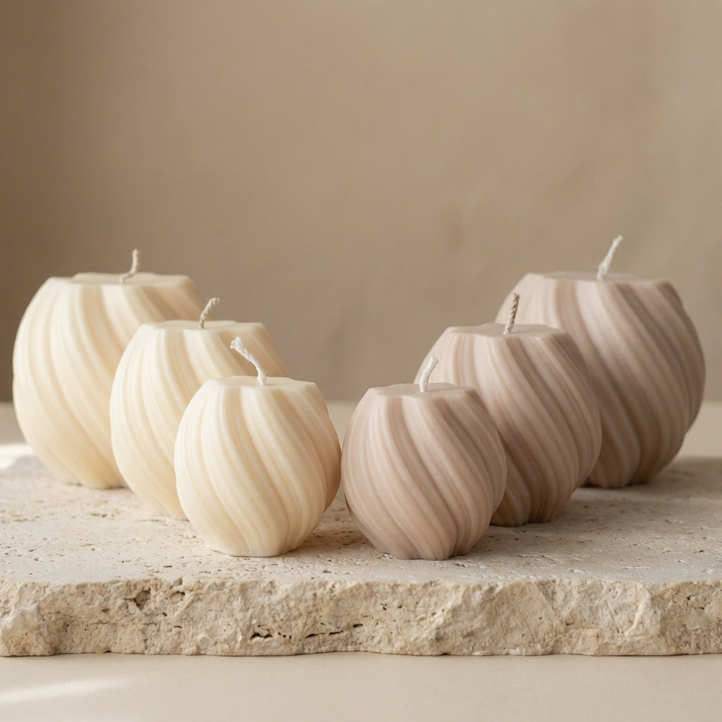 Close-up of a hand-poured soy wax swirl globe trio set highlighting their continuous ribbed lines and three varying sizes.
