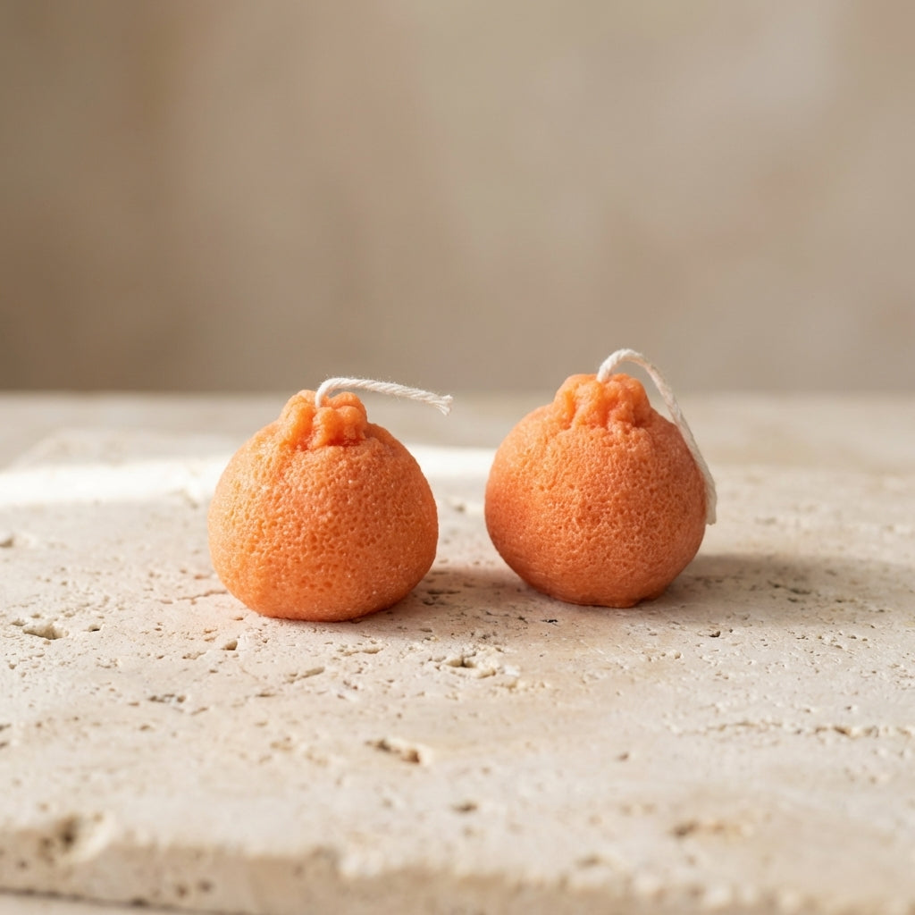 Close-up of a hand-poured soy wax tangerine candle highlighting its incredibly realistic, textured peel design.