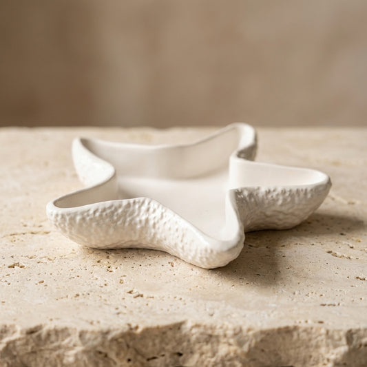 Textured starfish trinket dish styled beautifully as an elegant coastal catchall for daily jewelry on a modern nightstand.