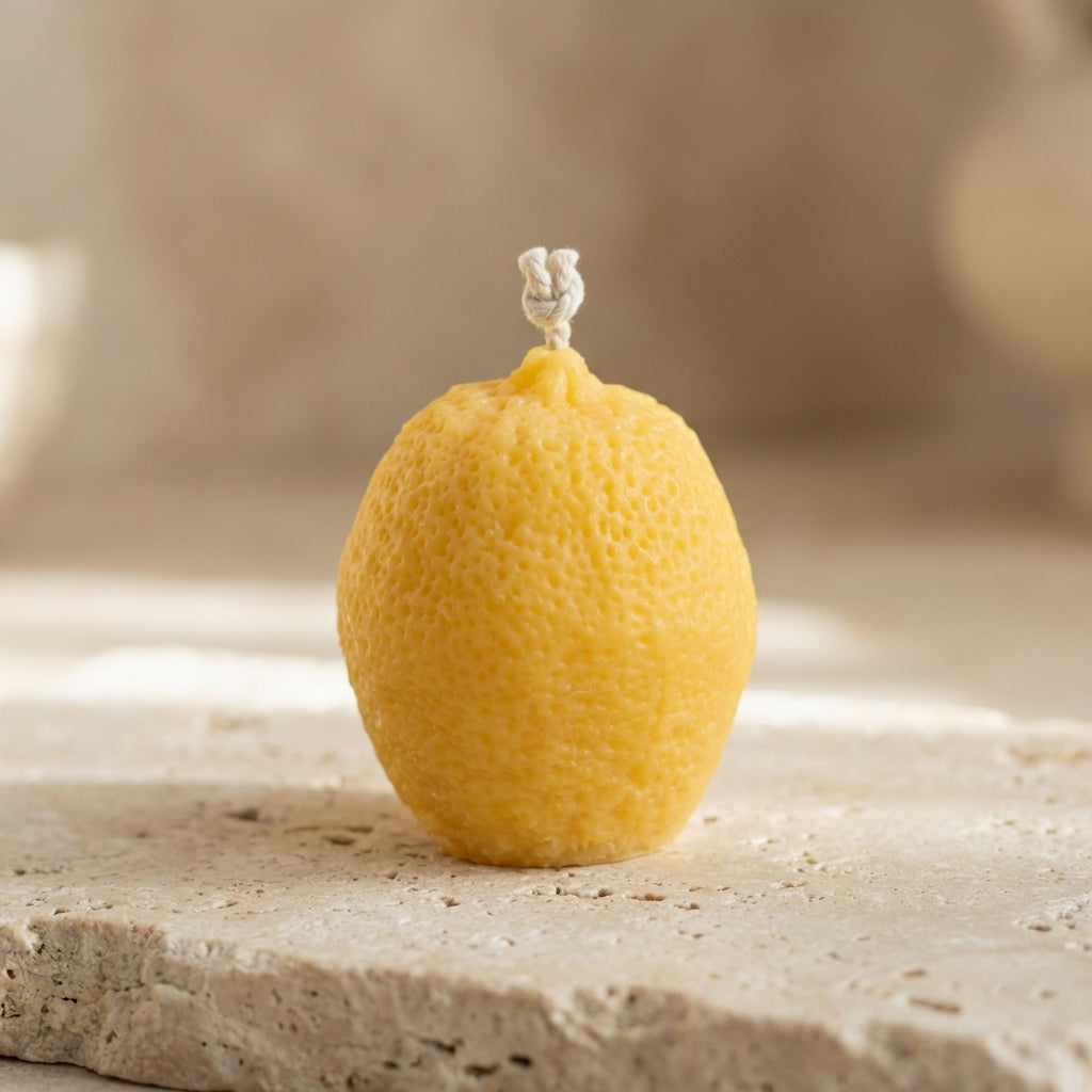 Close-up of a hand-poured soy wax upright lemon candle highlighting its realistic dimpled peel and charming standing shape.