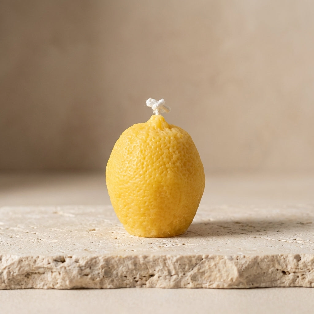 Upright lemon candle styled beautifully as a vibrant, sunny Mediterranean accent on a playful summer shelf display.