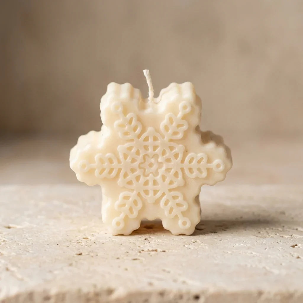 Close-up of a hand-poured soy wax winter snowflake candle highlighting its intricate, symmetrical crystal design.