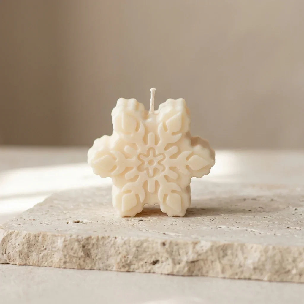 Snowflake-shaped candle on a stone surface with a neutral background