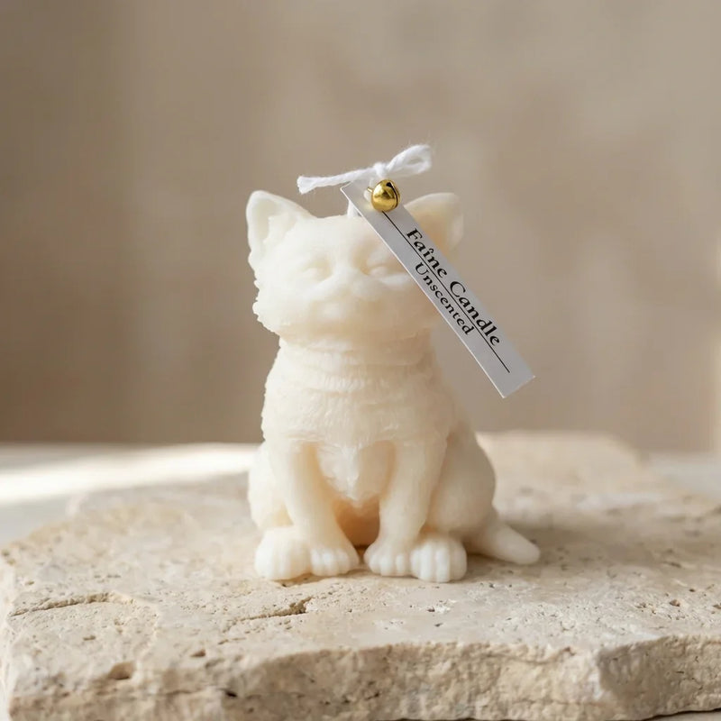 Close-up of a highly textured, hand-poured soy wax fluffy cat candle showing a peaceful, contented expression.